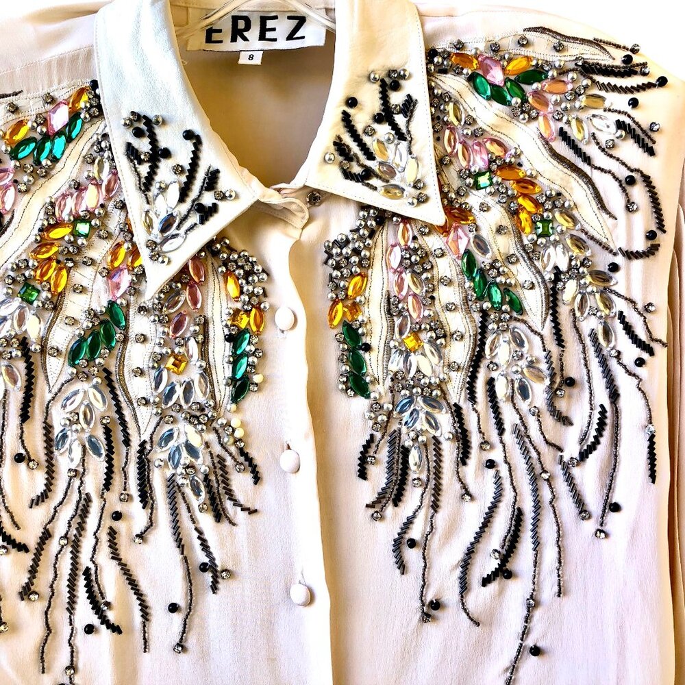 EREZ Vintage 80’s SILK + SNAKESKIN LEATHER Blouse Pleats Beaded BLING - Picture 7 of 16